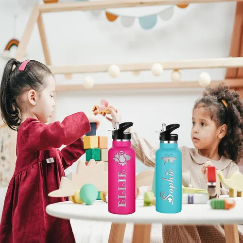 Vista 5 de Botellas de agua personalizadas con tapa de popote de 12/26 onzas con nombre grabado, logotipo, botella aislada personalizada, botellas de agua