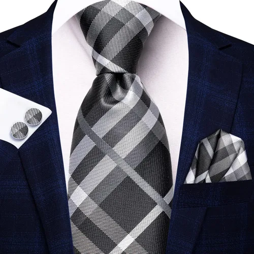 Vista 292 de Hi-Tie Corbata clásica de cachemira para hombre con pañuelo y gemelos a cuadros