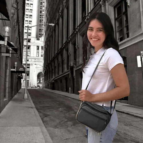 Vista 7 de Bolso de hombro de piel de vaca para mujer, pequeño organizador de cuerpo cruzado con muchos bolsillos