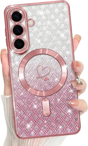 Vista 468 de Bonoma - Funda compatible con Samsung Galaxy S21 Plus, diseño de corazón con purpurina, color rosa Support for MagSafe, Plating Magnetic Case TPU