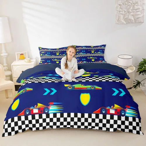 Vista 41 de Feelyou Race Car Duvet Cover Twin Size Boys Girls Speed Sports Car Bedding Set Breathable Soft Racing Comforter Cover 2Pcs Black White Checked Azure