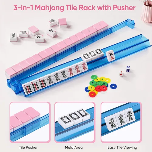 Vista 5 de Pink American Mahjong Set, 166 azulejos rosados, 4 estanterías/empujadores