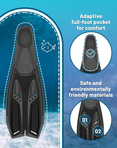 Vista 6 de Greatever Aletas de esnórquel con bolsillo completo para el pie, aletas largas y duraderas para buceo, equipo de esnórquel profesional