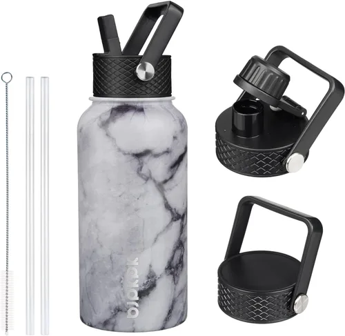 Vista 15 de BJPKPK Botellas de Agua Aisladas con Tapa de Pajita, Botella de Agua de Acero Inoxidable de 18oz, Termo Frío Caliente con 3 Tapas, Vaso de Viaje a