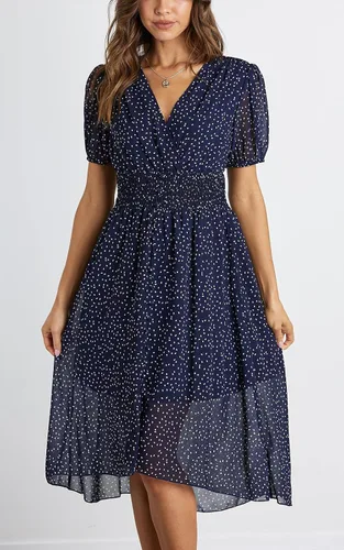 Vista 8 de PRETTYGARDEN Vestido largo con cuello en V y estampado floral para mujer, manga corta, bohemio, verano, playa, vestido largo con dobladillo alto