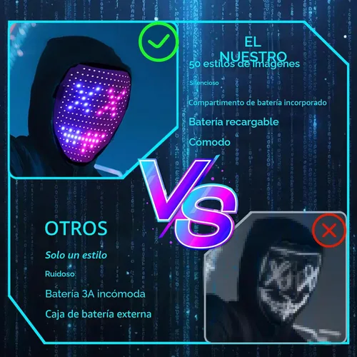 Vista 4 de JDBMAOYE Máscara LED, Máscara Iluminada con Detección de Gestos, Máscara LED para Disfraz de Halloween, Mascarada, Fiesta de Cosplay 50 patrones