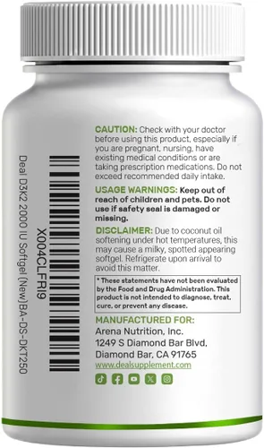 Vista 6 de DEAL SUPPLEMENT Vitamina D3 2,000 UI + K2 MK7 50mcg cápsulas blandas Complejo 2 en 1 con aceite de coco virgen Apoya la salud del corazón