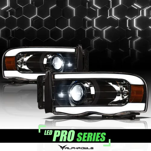 Vista 2 de Alpha Owls 8711156 Faros Delanteros de Proyector LED Completo con Barra de Luz LED Blanca - Negro Ámbar Compatible con 2002-2005 Dodge Ram
