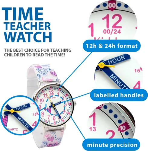 Vista 2 de Kiddus Educational Kids Watch for Children Boy and Girl. Analogue Time Teacher Wristwatch with Exercises. Japanese Quartz Movement. Easy to Read and