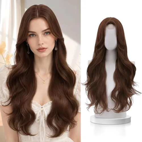 Vista 11 de VERNA - Peluca rubia con flequillo, peluca sintética de aspecto natural, rizada, ondulada de 26 pulgadas, resistente al calor, estilo de parte media