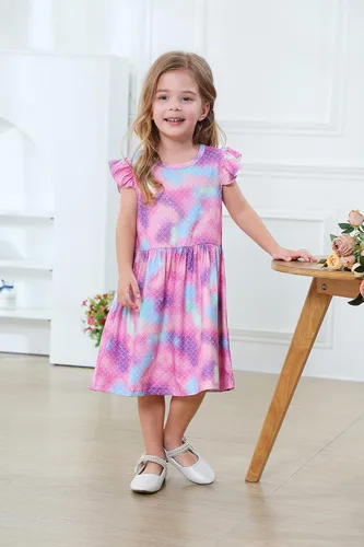 Vista 3 de Vestido de unicornio casual con mangas con vuelo para niñas pequeñas, vestido de verano para fiesta de cumpleaños, vestidos de verano de 1 a 8 años