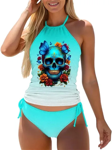 Vista 62 de Omichic Conjuntos de tankini modestos para mujer, trajes de baño atléticos de 2 piezas, camiseta sin mangas fluida con parte inferior de bikini