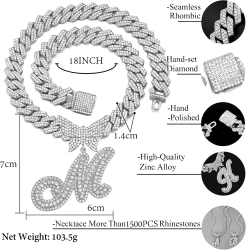 Vista 6 de Cadena de eslabones cubanos para mujer, con inicial de plata cursiva de 0.55 pulgadas, con punta de diamante, cadena cubana de hip hop, collar
