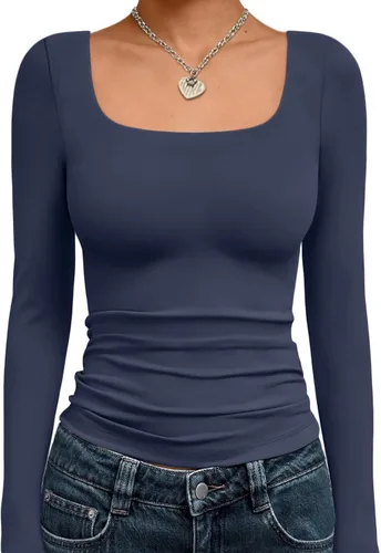 Vista 26 de Trendy Queen - Camisas ombligueras para mujer, manga larga, cuello cuadrado, básicas, para salir, de invierno, Y2K Albaricoque