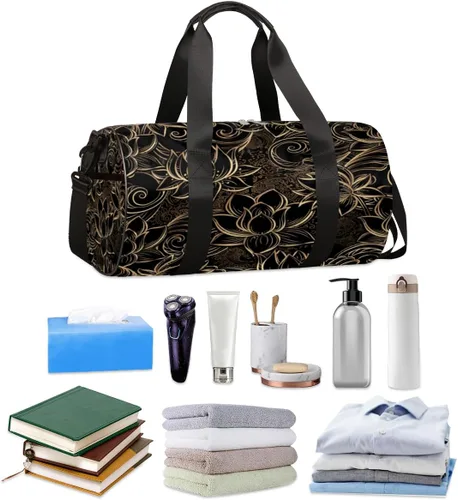 Vista 2 de Bolsa de lona con correa de hombro desmontable, lujosa bolsa de gimnasio deportiva de flor de loto para estudiantes, bolsa deportiva de 17.6 x 9 x 9