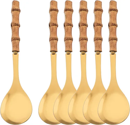 Vista 8 de Juego de 2 cucharas de servir de acero inoxidable de 10.0 pulgadas con mango de bambú natural, grandes utensilios plateados para servir, cucharón