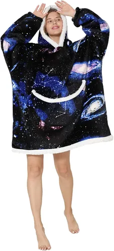 Vista 6 de Manta con capucha, sudadera de gran tamaño para adultos, mujeres y hombres, hecha de franela muy suave y cálida, con bolsillo y mangas