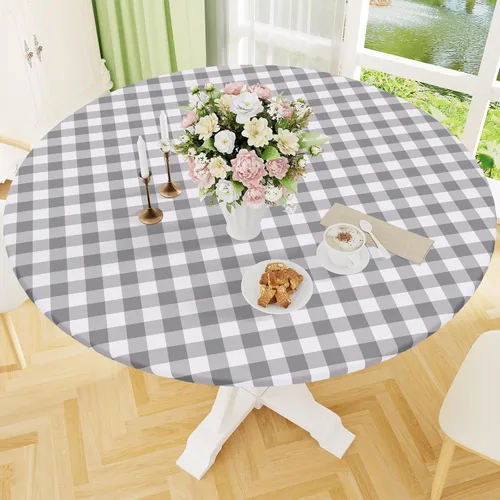 Vista 7 de Smiry - Mantel redondo de picnic de vinilo elástico impermeable con respaldo de franela, mantel de vinilo ajustable para mesas de 31-35 pulgadas