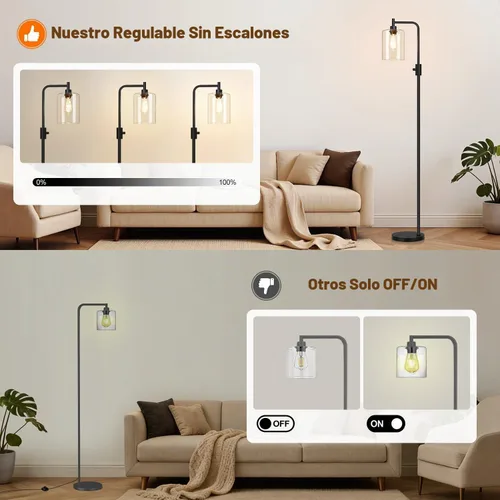 Vista 3 de 【Actualizada】Lámpara de pie regulable para sala de estar con pantalla de vidrio, lámpara de pie industrial moderna negra con bombilla LED de 900LM