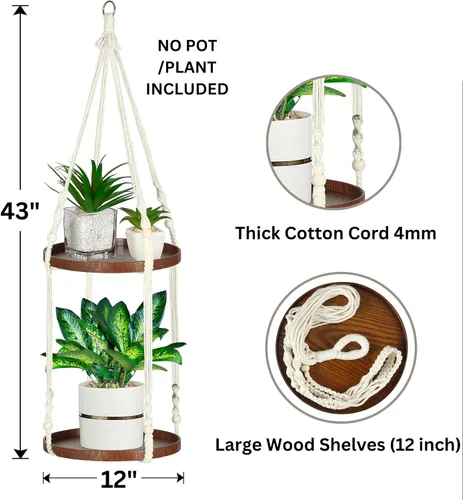 Vista 3 de Colgador de macramé de 2 niveles Colgador de plantas para interiores, maceta colgante Estante para macetas colgantes (beige)