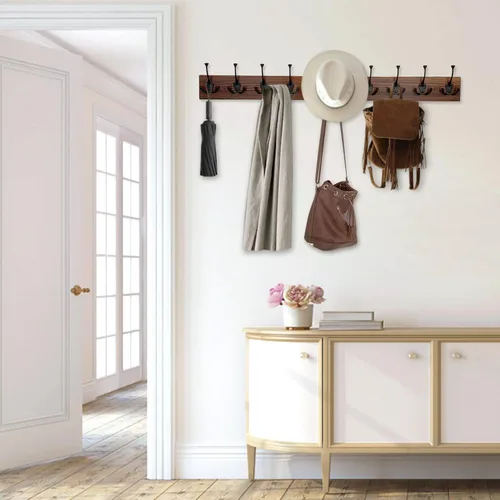 Vista 7 de IBosins Perchero de pared de 34'' con 10 ganchos tri-decorativos, colgador de abrigos de madera resistente, barra de ganchos rústicos para entrada
