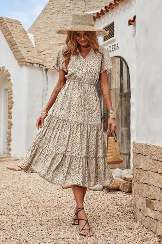 Vista 4 de PRETTYGARDEN Vestido bohemio floral para mujer casual manga corta cuello en V volantes vestido de verano con cinturón