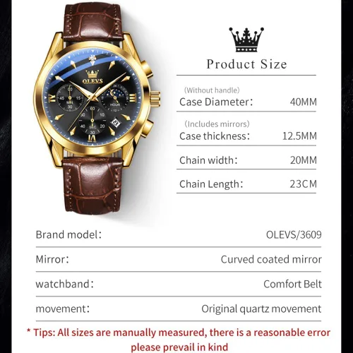 Vista 6 de OLEVS Reloj de cuarzo analógico de cuero para hombre - Reloj de pulsera cronógrafo de lujo con fecha, impermeable, luminoso - estilo de vestir