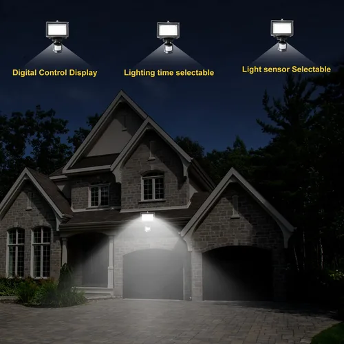 Vista 2 de Robust Solar 80 luces LED de movimiento solares para el exterior, hora ajustable digitalmente y LUX, 2 sensores de movimiento ajustables con ejes