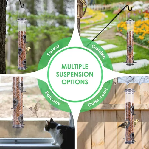 Vista 7 de MIXXIDEA 1PK Alimentadores de pájaros metálicos con 6 puertos de alimentación, alimentador de pájaros de tubo con colgador de acero, alimentador