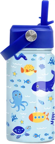 Vista 9 de SANDJEST Botella de agua para niños con tapa con pajilla, botellas de agua de acero inoxidable con aislamiento del alfabeto de 12 onzas para niños