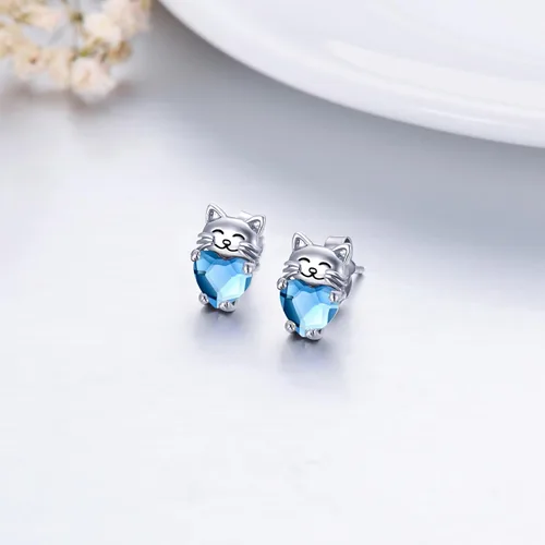 Vista 4 de Aretes de plata de ley 925 con diseño de gato, bonitos aretes de gato con diseño de gatito, joyería de regalo para mujeres y niñas, aretes
