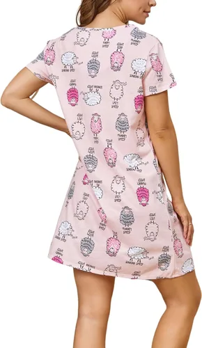 Vista 4 de Inadays Camisón de algodón para mujer, ropa de dormir de manga corta, camisón casual con estampado, vestido de dormir holgado y cómodo pijama