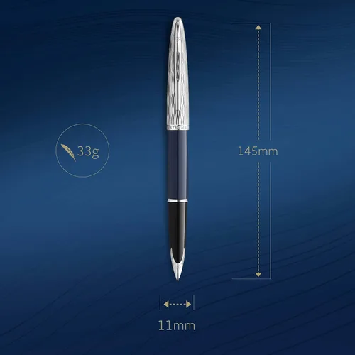 Vista 3 de Waterman Carène - Pluma estilográfica, metal y laca azul, tapa cincelada, punta mediana de oro de 18 quilates, tinta azul, caja de regalo
