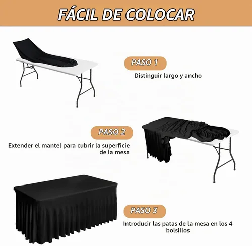Vista 2 de Fixwal Paquete de 2 manteles de elastano negro para mesa rectangular de 4 pies, falda de mesa para fiesta, espectáculo, boda y cumpleaños