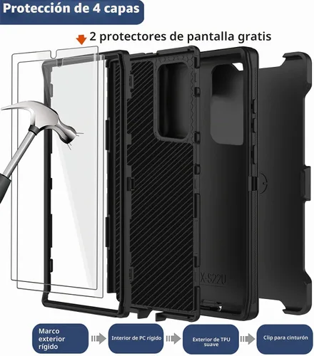 Vista 3 de Funda para Galaxy Note 20 Ultra con clip para cinturón, 2 protectores de pantalla, grado militar, cuerpo completo, resistente, a prueba de golpes