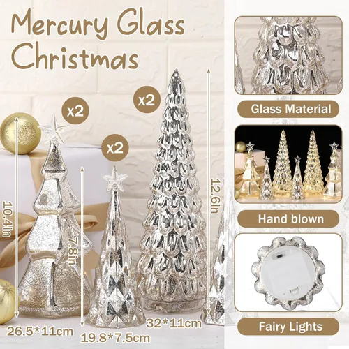Vista 2 de Set de 6 figuras de árbol de Navidad de mesa iluminadas de vidrio de mercurio con luces LED, operadas por batería, centros de mesa iluminados