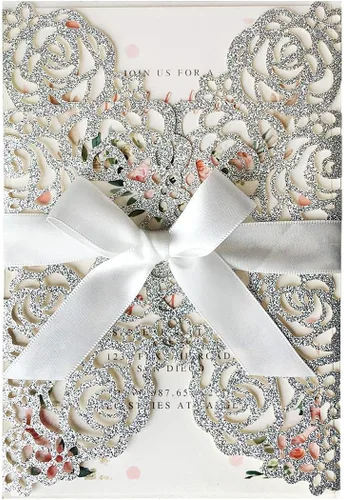 Vista 12 de 50 tarjetas de invitación de boda doradas de 5.12 x 7.28 pulgadas con lazo burdeos cortado con láser, invitación para despedida de soltera Purpurina