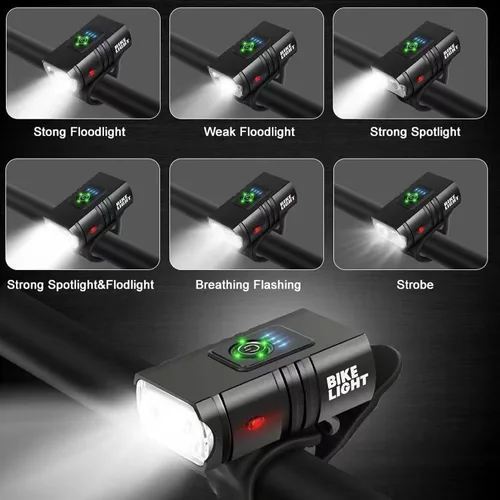 Vista 5 de Luces de bicicleta, faro de bicicleta impermeable de 1000 lúmenes con 6 modos de luz, luz frontal antideslizante con correa ajustable, recargable