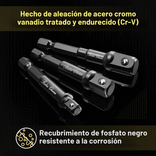 Vista 3 de Juego de adaptadores de enchufe de impacto Bates, 3 piezas, 1/4", 3/8" y 1/2", con soporte Negro