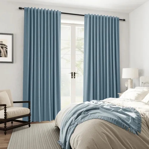 Vista 6 de Cortinas de lino opacas azules Hokibero de 108 pulgadas de largo, 2 paneles para dormitorio, sala de estar, cuarto de bebé, puerta corrediza
