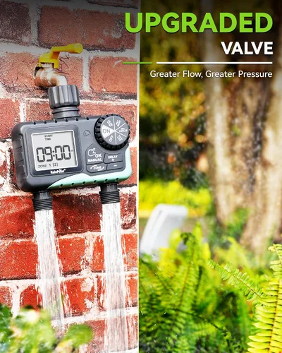 Vista 2 de RAINPOINT Temporizador de agua para manguera de jardín, temporizador de rociador de 2 zonas con retardo de lluvia, riego manual, riego automático