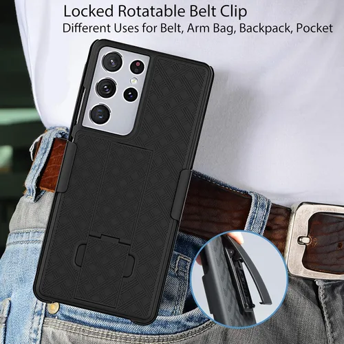 Vista 5 de Ailiber Funda protectora para Samsung Galaxy S21 Ultra 5G, protector de pantalla para Galaxy S21 Ultra, soporte giratorio con clip para cinturón