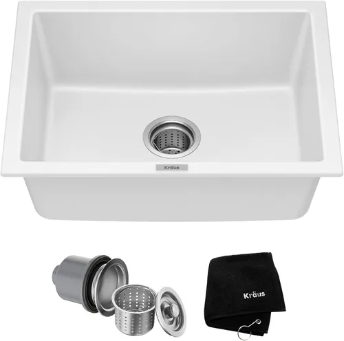 Vista 6 de KRAUS Quarza - Fregadero de cocina de granito de instalación empotrada/sobre encimera de un solo seno de 24 pulgadas, color negro ónix, KGD-410B