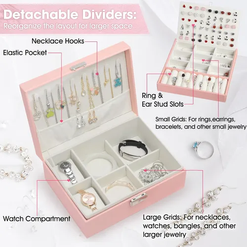 Vista 2 de Joyero organizador para mujeres y niñas, 2 capas de viaje con rollo de joyería plegable, juego de almacenamiento de joyas de cuero para anillos