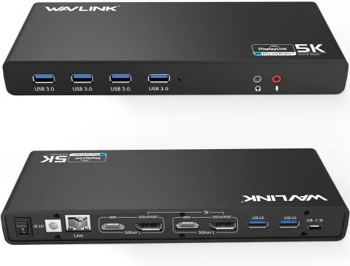 Vista 10 de [Usado] Estación de acoplamiento DisplayLink de doble monitor, WAVLINK 14 en 1 USB-C/A para laptop con HDMI 2x5K, DP 2x5K, Ethernet de 1000 Mbps, 6