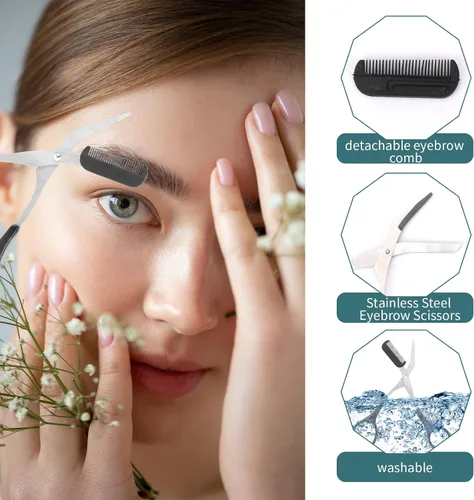Vista 3 de KALIONE Tijeras profesionales para recortar cejas con peine, acero inoxidable, negro, ambidiestro, borde recto, 2 unidades, perfectas para hombres