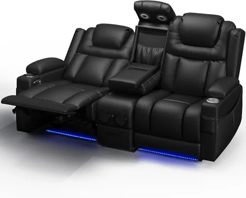 Vista 11 de Sofá reclinable eléctrico, asiento de cine en casa con consola abatible, sofá biplaza reclinable de pared con luz LED, puertos USB, sofá de casa
