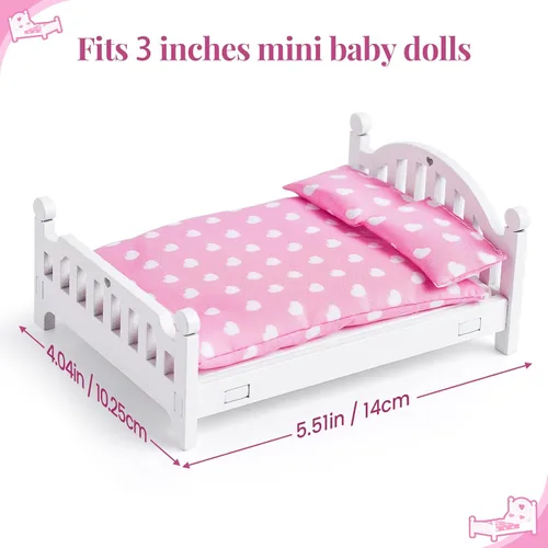 Vista 2 de BABESIDE Juego de muebles de dormitorio de casa de muñecas, 7 piezas de accesorios de casa de muñecas de madera rosa para muñecas de 3 pulgadas