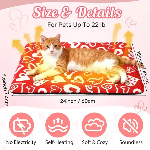 Vista 5 de Paquete de 2 tapetes autocalentables para gatos, diseño de corazón rojo y blanco que refleja el calor corporal, cama autocalentable, lavable a