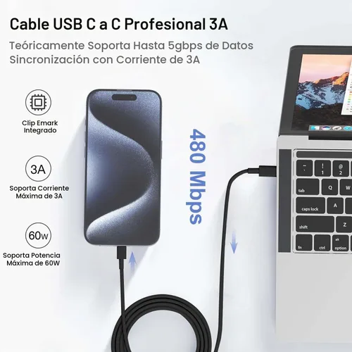 Vista 5 de Hzevn Cable de carga USB C de 60 W para MacBook Pro/Air y iPhone 16/15 Pro Max, certificado MFi 20V/3A, cable de carga súper rápido de 6 pies + 10